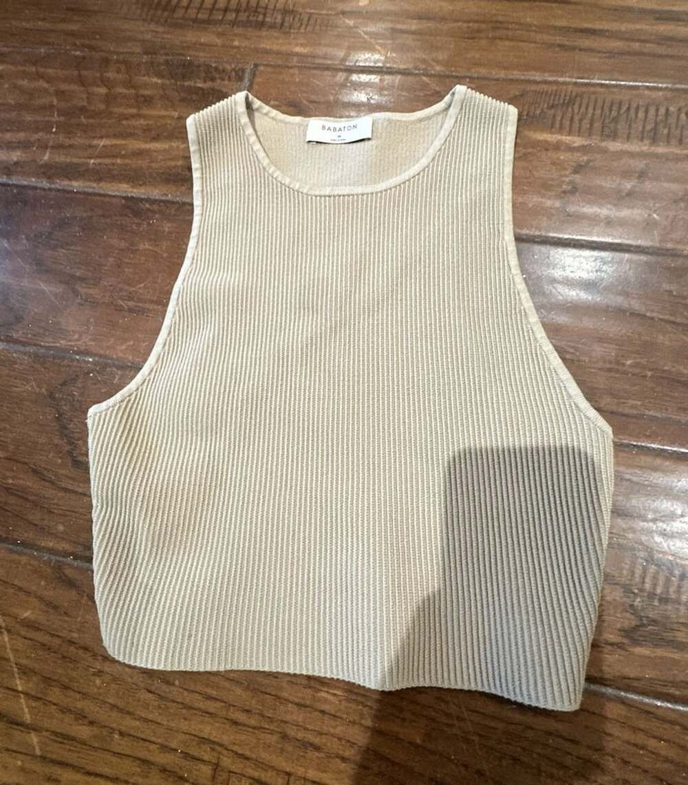 Babaton Sculpt Knit Tank Top Size M Beige Ribbed Cropped Sleeveless